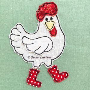 Raw Edge Applique Chicken In Wellies 4x4 5x7 6x10