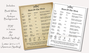 Days Of The Week Correspondences Printable Pages