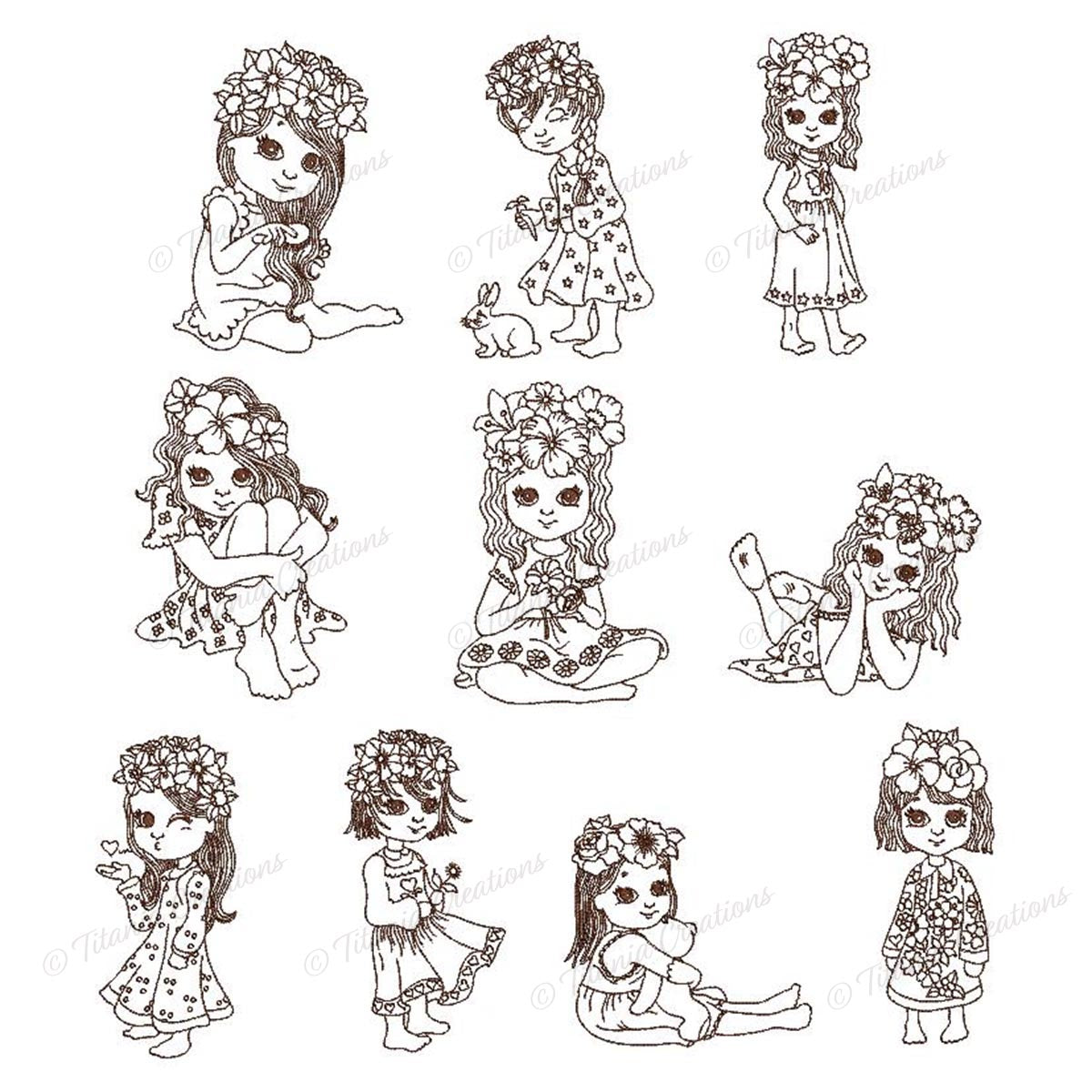 Set of 10 Linework Little Girls 5x7