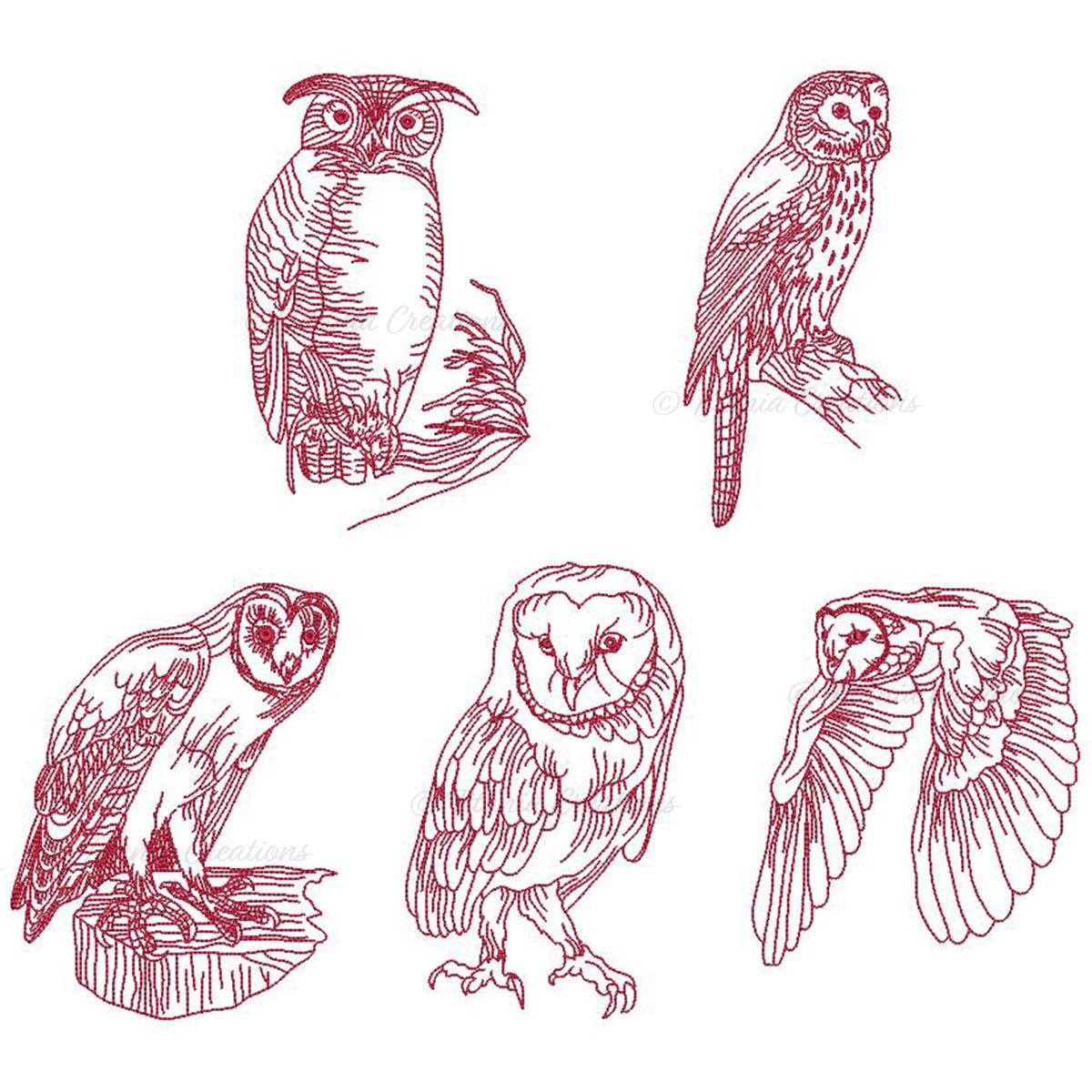 Redwork Owls 5x7 Set of Five