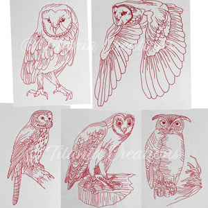Redwork Owls 5x7 Set of Five
