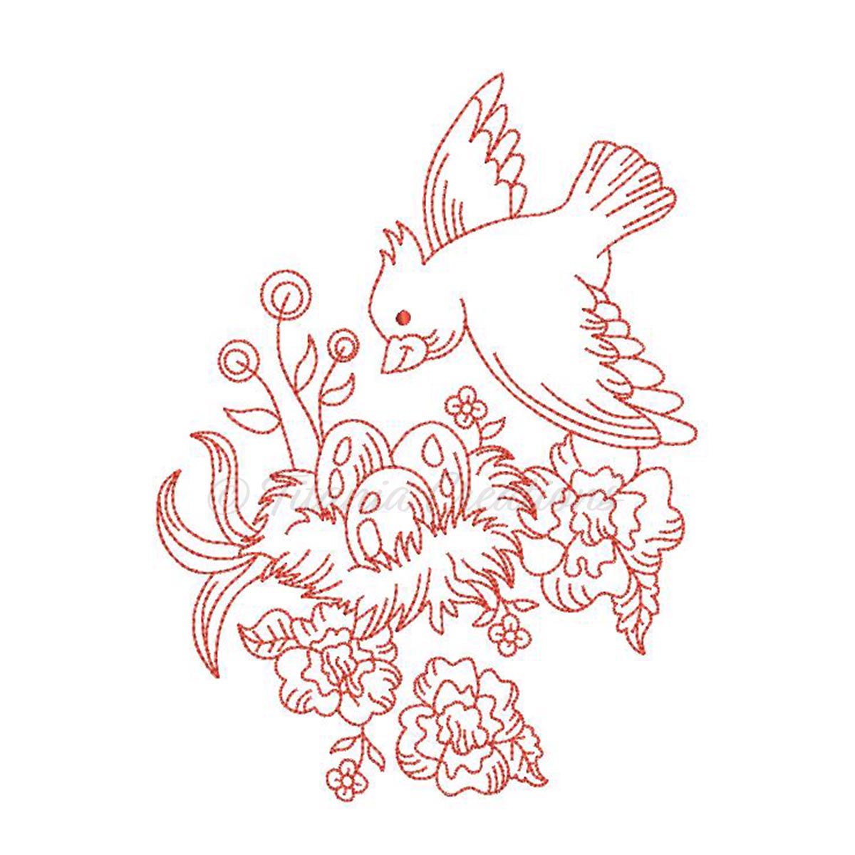 Redwork Bird and Nest 4x4 5x7