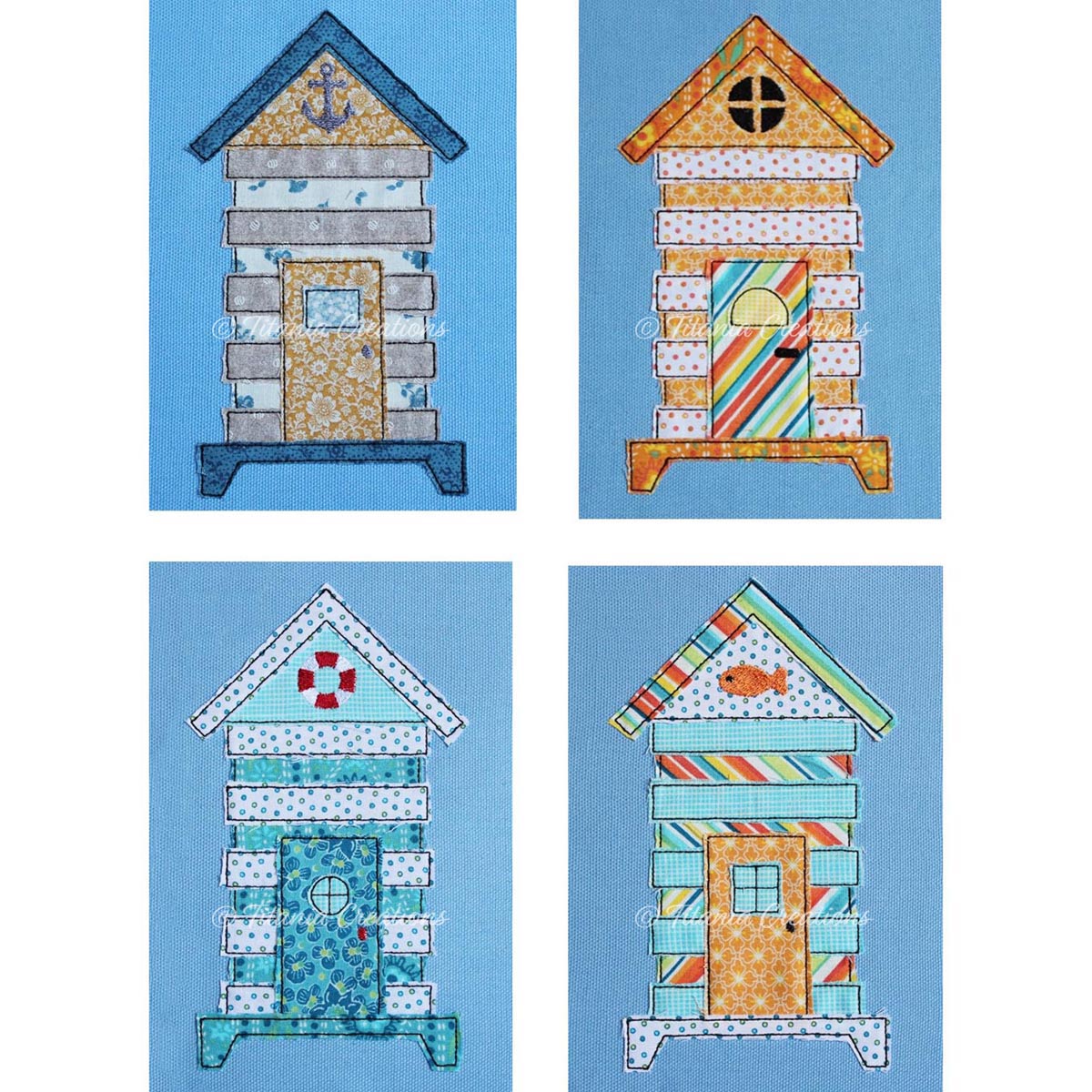 Raw Edge Applique Beach Huts 5x7 Set of Four