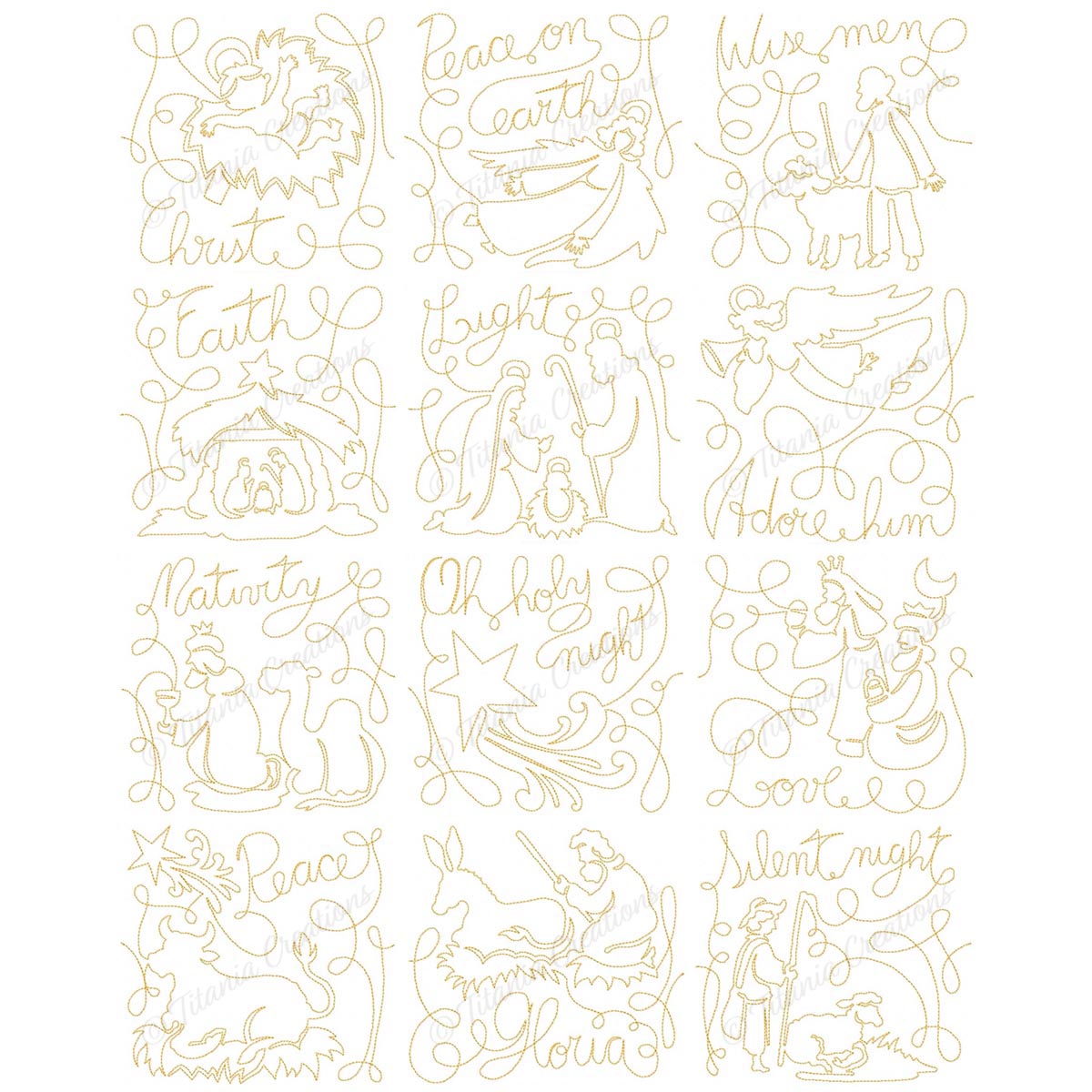 Set of 12 Continuous Line Nativity 4x4 5x5 6x6 7x7 8x8