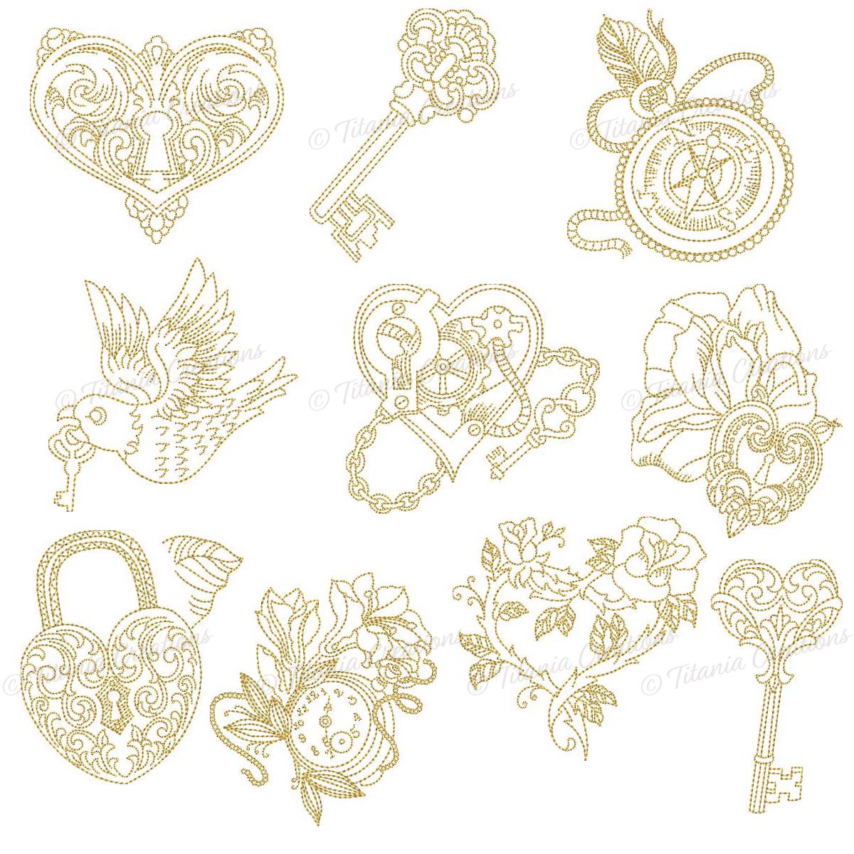 Embellishments in Gold. Set of 10 Designs. Includes 4x4 & 5x7