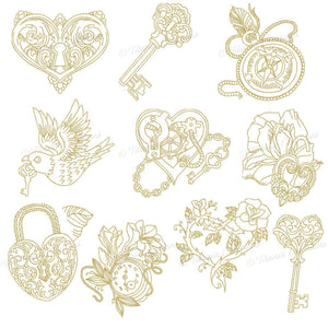 Embellishments in Gold. Set of 10 Designs. Includes 4x4 & 5x7