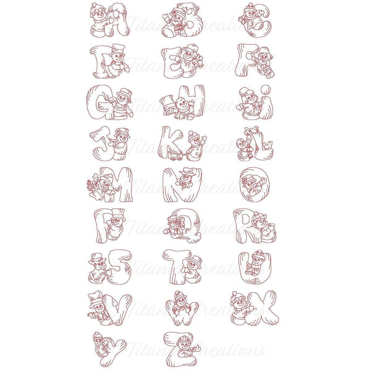 Redwork Snowman Alphabet 4x4