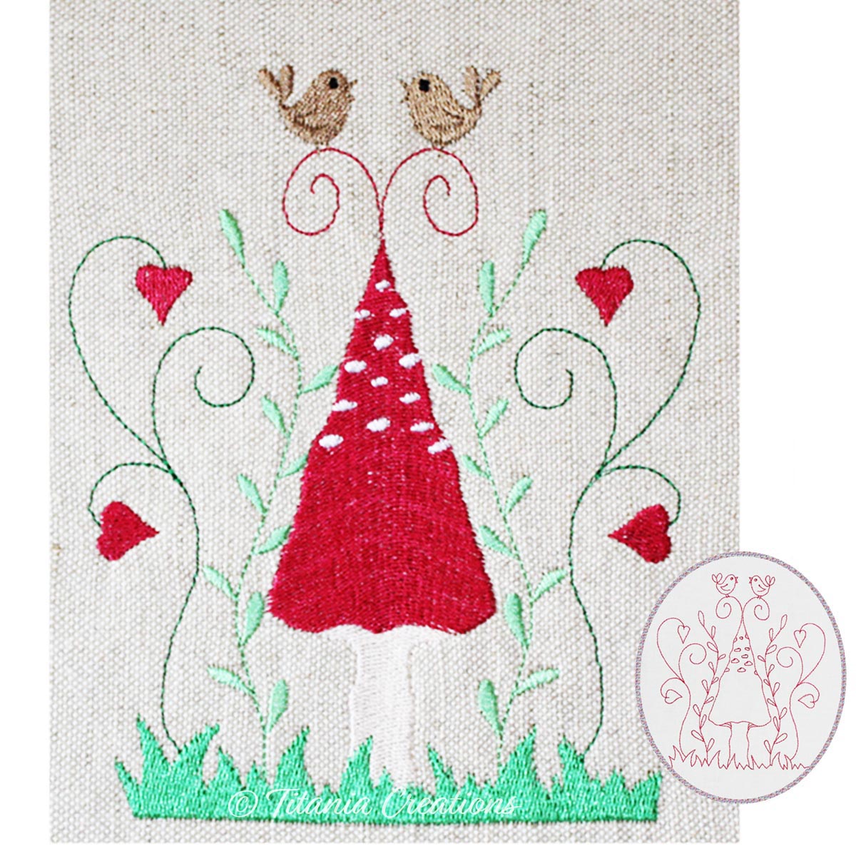 Toadstool Tweets 5x7 Filled and Redwork